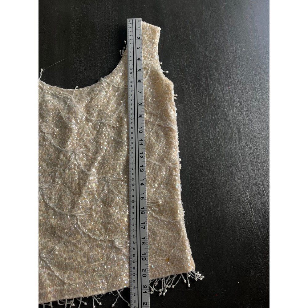 Vintage Wool Sequin Beaded Fringe Shell Top Cream Iridescent Small Flapper - Picture 9 of 14